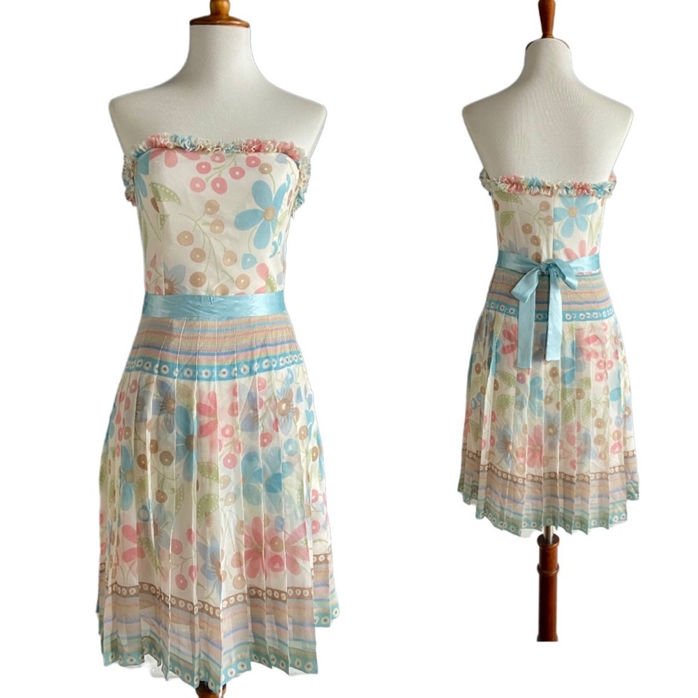 LUCA LUCA Vintage Silk Pastel Floral Strapless Pleated Dress